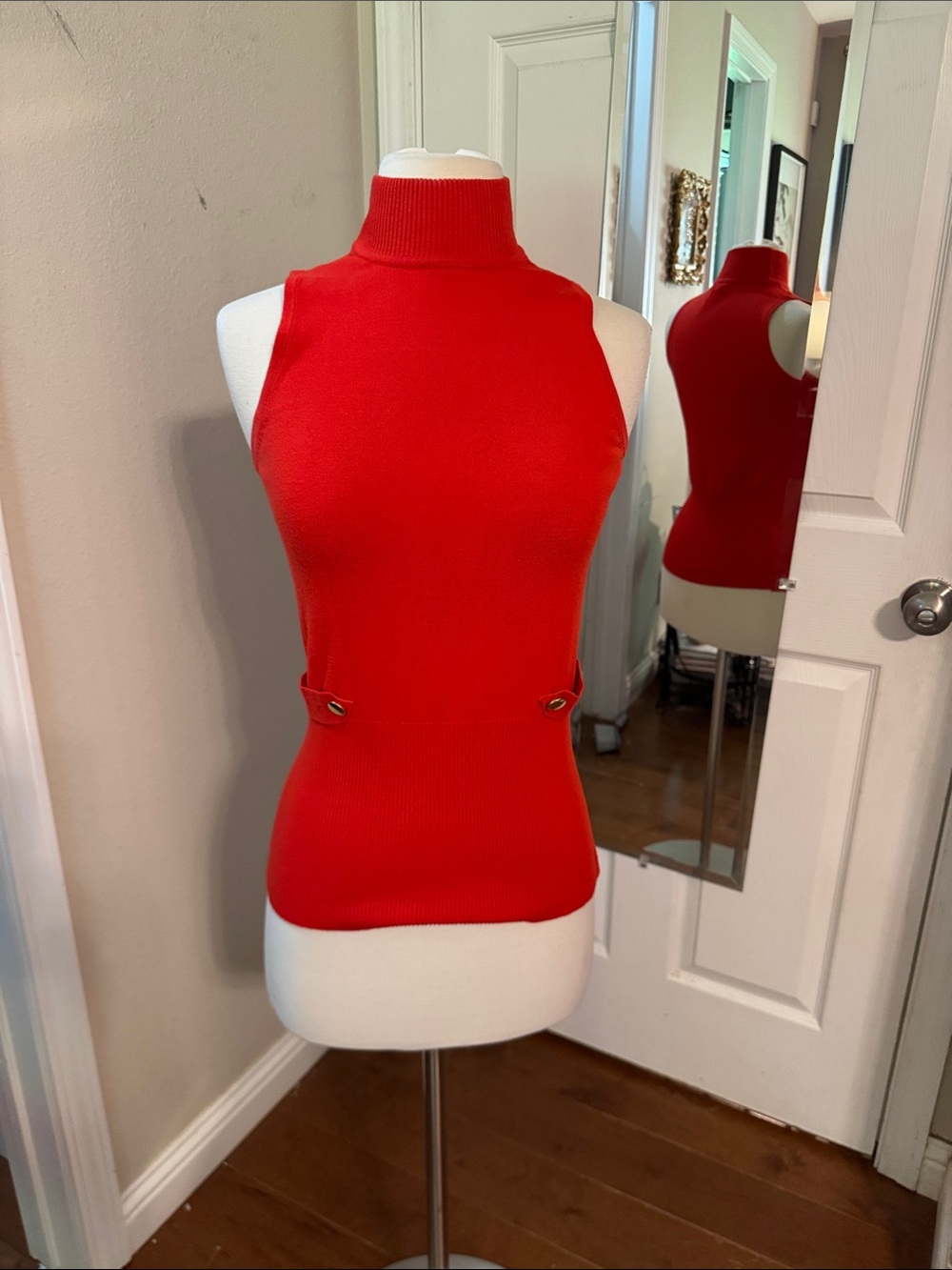 Cache Sleeveless Ribbed Mock neck Knit Top - Bold Red